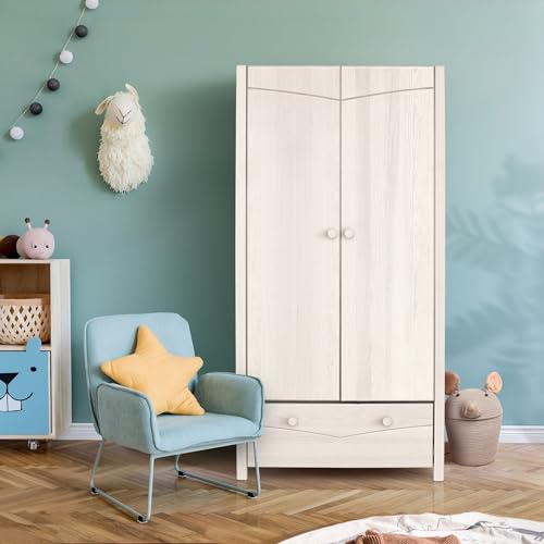 BioKinder Kinder-Kleiderschrank Kleiderschrank Luca 2-türiger Schrank mit Schublade aus zertifizierten Massivholz Kiefer Naturweiß lasiert H 165 cm x L 80 x T 60 cm von BioKinder - Das gesunde Kinderzimmer