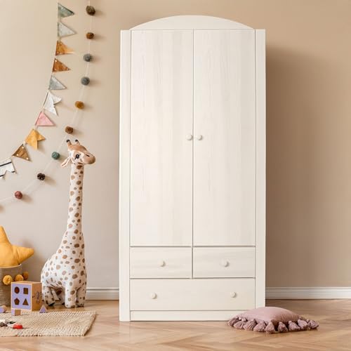 BioKinder Kinder-Kleiderschrank Schrank Noah 2-türiger Schrank mit 3 Schubladen aus zertifizierten Bio-Massivholz Kiefer Naturweiß 197 x 90 x 57 cm von BioKinder - Das gesunde Kinderzimmer