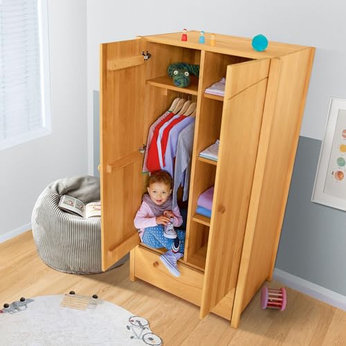 BioKinder Kinderkleiderschrank Kleiderschrank Luca 2-türiger Schrank mit Schublade aus zertifizierten Massivholz Erle H 165 cm x L 80 x T 60 cm von BioKinder - Das gesunde Kinderzimmer