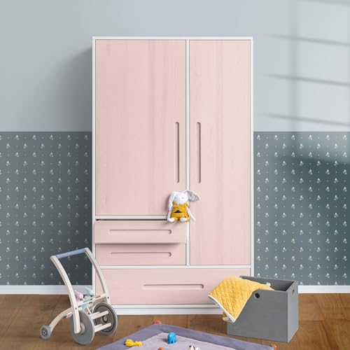 BioKinder Kleiderschrank Kinderkleiderschrank 2-türig Lina aus zertifizierten Bio-Massivholz Kiefer Naturweiß und Kiefer Steinrosé lasiert H 190 x B 153 x T 55 cm von BioKinder - Das gesunde Kinderzimmer