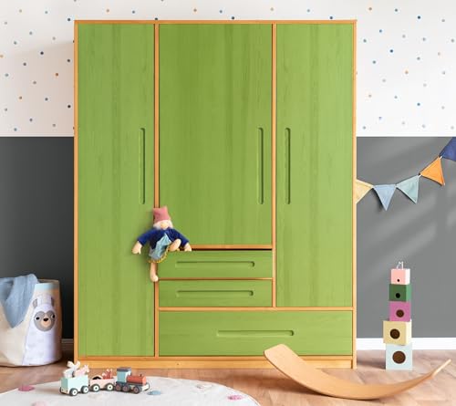 BioKinder Kleiderschrank Kinderkleiderschrank 3-türig Lina Schrank aus zertifiziertem Bio-Massivholz Erle und Kiefer Apfelgrün lasiert H 190 x B 153 x T 55 cm von BioKinder - Das gesunde Kinderzimmer