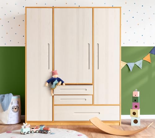 BioKinder Kleiderschrank Kinderkleiderschrank 3-türig Lina Schrank aus zertifiziertem Bio-Massivholz Erle und Kiefer Naturweiß lasiert H 190 x B 153 x T 55 cm von BioKinder - Das gesunde Kinderzimmer