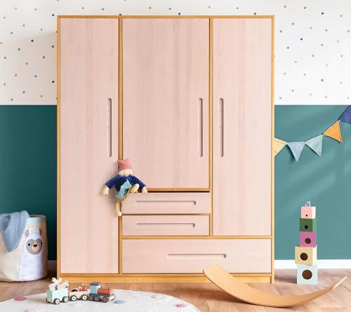 BioKinder Kleiderschrank Kinderkleiderschrank 3-türig Lina Schrank aus zertifiziertem Bio-Massivholz Erle und Kiefer Steinrosé lasiert H 190 x B 153 x T 55 cm von BioKinder - Das gesunde Kinderzimmer