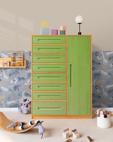 BioKinder Kommode Schubladenschrank Kleiderschrank Kinderschrank Lina mit Tür und 8 Schubladen, aus zertifiziertem Massivholz Erle und Kiefer Apfelgrün lasiert B 110 x H 152 x T 55 cm von BioKinder - Das gesunde Kinderzimmer