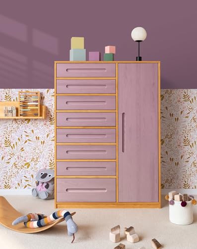 BioKinder Kommode Schubladenschrank Kleiderschrank Kinderschrank Lina mit Tür und 8 Schubladen, aus zertifiziertem Massivholz Erle und Kiefer Flieder lasiert B 110 x H 152 x T 55 cm von BioKinder - Das gesunde Kinderzimmer