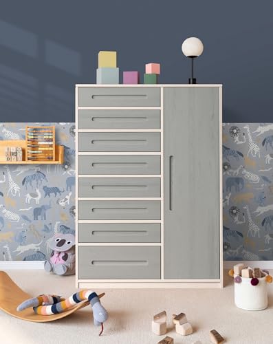 BioKinder Kommode Schubladenschrank Kleiderschrank Kinderschrank Lina mit Tür und 8 Schubladen, aus zertifiziertem Massivholz Kiefer Naturweiß und Elefantengrau lasiert B 110 x H 152 x T 55 cm von BioKinder - Das gesunde Kinderzimmer