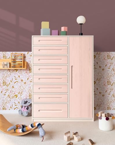 BioKinder Kommode Schubladenschrank Kleiderschrank Kinderschrank Lina mit Tür und 8 Schubladen, aus zertifiziertem Massivholz Kiefer Naturweiß und Steinrosé lasiert B 110 x H 152 x T 55 cm von BioKinder - Das gesunde Kinderzimmer