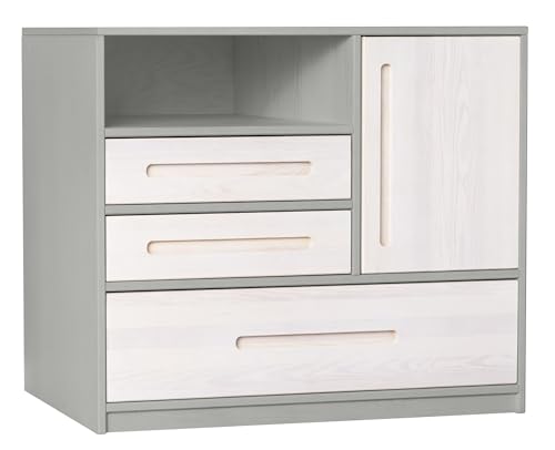 BioKinder Kommode Sideboard Lina mit 3 Schubladen und Tür aus zertifizierten Bio-Massivholz Kiefer Elefantengrau und Naturweiß lasiert 110 x 90 x 55 cm von BioKinder - Das gesunde Kinderzimmer