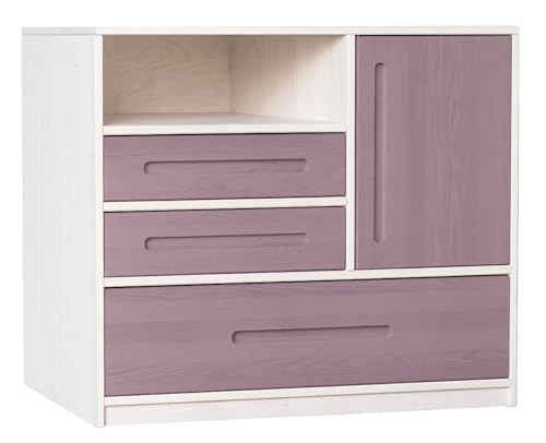 BioKinder Kommode Sideboard Lina mit 3 Schubladen und Tür aus zertifizierten Bio-Massivholz Kiefer Naturweiß und Flieder lasiert 110 x 90 x 55 cm von BioKinder - Das gesunde Kinderzimmer