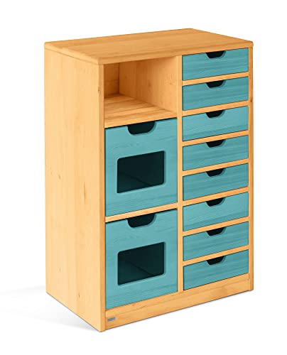 BioKinder Ordnungsregal Regal Kinderregal Set Robin mit Boxen und Schubladen aus zertifiziertem Massivholz Erle und Kiefer Ozeanblau lasiert 82 x 58 x 37 cm von BioKinder - Das gesunde Kinderzimmer