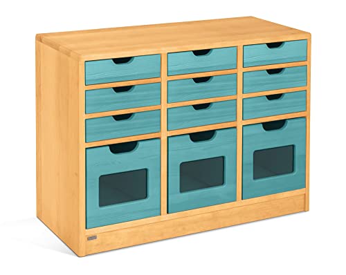 BioKinder Ordnungsregal Standregal Regal breit mit Boxen und Schubladen aus zertifiziertem Massivholz Erle und Kiefer Ozeanblau lasiert 37 x 86 x 64 cm von BioKinder - Das gesunde Kinderzimmer