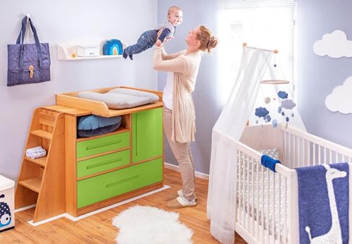 BioKinder Wickelkommode Babykommode Kommode Lina mit 3 Schubladen und Tür aus zertifizierten Bio-Massivholz Erle und Kiefer Apfelgrün lasiert 110 x 90 x 55 cm von BioKinder - Das gesunde Kinderzimmer