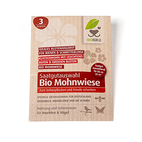 Biobalu Mohnwiese - Klatschmohn Samen für bis zu 30m² - Mohnblumen zweijährig (Papaver rhoeas) 3g, ca. 25000 Samen von Biobalu