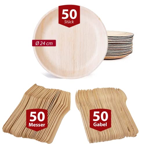 Biodorf Palmblattgeschirr set | 150 Stück (50 Rund Palmblatt Teller, 50 Holzgabel, 50 Messer) | Bio Einweggeschirr | Biologisch abbaubar Partygeschirr | Premium Einweggeschirr set für 50 Gäste von Biodorf