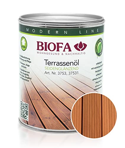 BIOFA Terrassenöl farbig 37531 Pflegeöl für Holzterrassen und Terrassen-Dielen aus Holz – Öl aus natürlichen Rohstoffen - Außenbereich (1L, Teak) von Biofa