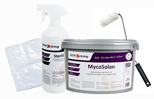 MycoSolan Schimmel-Sanier-Set und Anti-Schimmel-Set mit Schimmelentferner, Streichwerkzeug und Innenfarbe gegen Schimmel (5,0 Liter) von Bioni
