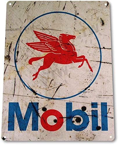 Blechschild mit Mobil Logo Rost Auto Fett Kunst Gas Öl Garage Station Pumpe Vintage Blechschild 19,8 x 30 cm (L x B) von Bioprocess