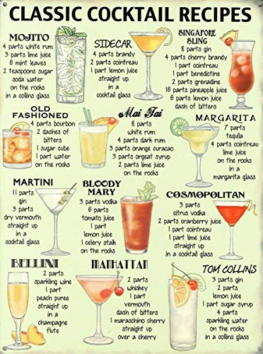 Cocktail Classic Recipes Cream,12 * 8 Inches Vintage Funny Poster Wall Decor Art Gift Retro Picture Metal Sign von Bioputty