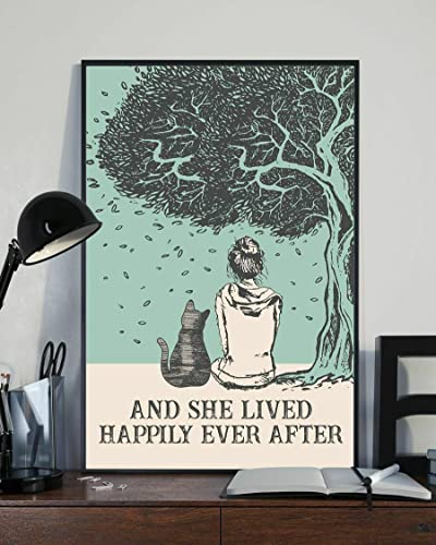 and She Lived Happily Ever After Girl and Cat,12 * 8 Inches Vintage Funny Poster Wall Decor Art Gift Retro Picture Metal Sign von Bioputty