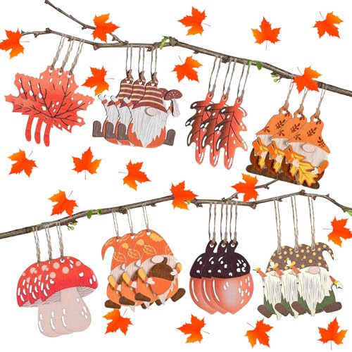 24 Stück Herbstdeko zum AufhäNgen, Holz Zwerg Wichtel Ahornblatt Pilz Fensterhänger, Herbst Dekoration Fenster, Herbstdeko Fenster Hängend, mit Schnur, für Herbst Erntedankfest Halloween Draußen Innen von Bipl