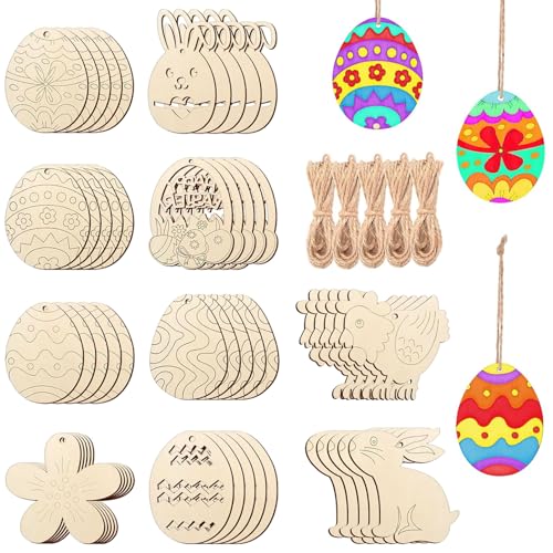 50 Stück Osteranhänger Holz Bemalen, Unvollendet Osterdeko Holz zum Aufhängen, DIY Osteranhänger Holz Bemalen, Ostereier Hasen Huhn Blume zum Bemalen, für Holz Bemalen Bastelset Kinder von Bipl