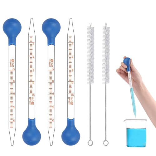 4 Stück Glas Pipetten Dropper, 10ml Tropfpipette, Measuring Pipettierer, Flüssigkeiten Messpipette, mit Gummi-pipettierball und Reinigungsbürste, für Labor Medizin Schule Lebensmittel Forschung von Bipl