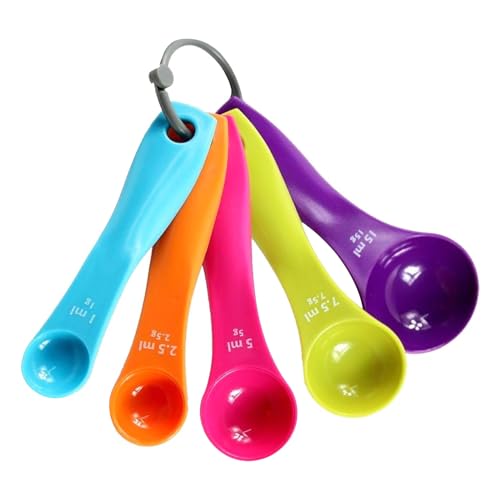 5 Stück Messlöffel Set, Unterschiedlichen Kapazitäten Measuring Spoons, Bunt mit Skala Messlöffel Gramm, Portionierlöffel, Kunststoffmesslöffel, für Kochen, Backen, Flüssigkeits und Pulvermessgeräte von Bipl