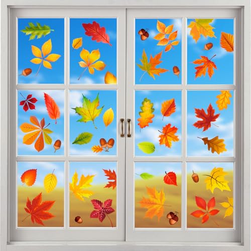 9 Stück Fensterbilder Herbst, Thanksgiving Herbstdeko Fenster Aufkleber, Ahornblätter Herbstblätter Deko Fenster Sticker, Herbst Fensterbilder Selbstklebend, für Kinderzimmer Cafés Party Glas Deko von Bipl