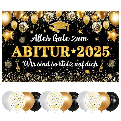 Banner Abitur 2025 Schwarz Gold, 110x180cm Prüfung Bestanden Banner, mit 12 Luftballons (12 Zoll) Graduation Deko, Hintergrund Dekoration, für Abitur Schulabschluss Studium Party Geschenke Deko von Bipl