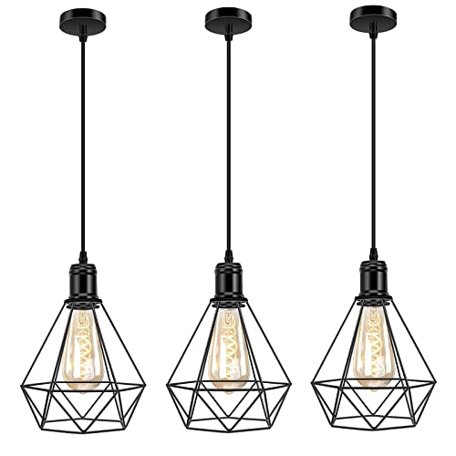 Biqing Vintage Pendelleuchte Hängelampe Käfig Hängende Lampe, E27 Lampenfassung, Retro Lampenschirm Licht für Küche, Wohnzimmer, Ø 20cm (Keine Glühbirnen), 3 Stück von Biqing