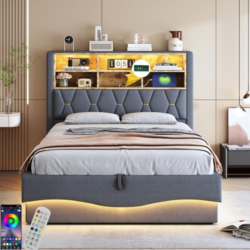 Biqzuya Bett 140 x 200 cm mit LED und USB, Bettkasten 140 x 200 cm mit hydraulischem Stauraum, Doppelbett mit Lattenrost aus Metall, Bettgestell aus grauem Leinen (ohne Matratze) von Biqzuya