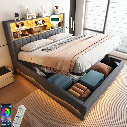 Biqzuya Bett 180 x 200 cm mit LED und USB, Bettkasten 180 x 200 cm mit hydraulischem Stauraum, Doppelbett mit Lattenrost aus Metall, Bettgestell aus grauem Leinen (ohne Matratze) von Biqzuya