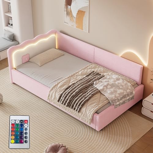Biqzuya Elegantes Schlafsofa 90 x 200 cm – Stimmungsbeleuchtung LED mit Fernbedienung – Lattenrost inklusive (ohne Matratze) – Kunstleder, Rosa von Biqzuya
