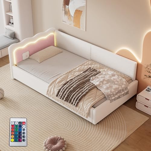 Biqzuya Elegantes Schlafsofa 90 x 200 cm – Stimmungsbeleuchtung LED mit Fernbedienung – Lattenrost inklusive (ohne Matratze) – Kunstleder weiß von Biqzuya