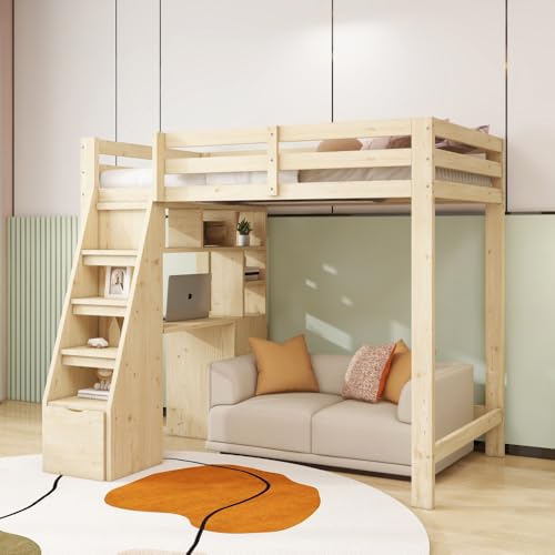 Biqzuya Hochbett für Kinder, 90 x 200 cm, Hochbett, 1-Sitzer, Arbeitstisch mit Regalen und Schränken, Sicherheitsleiter mit Aufbewahrung, Kinderbett mit Schubladen, Struktur aus Massivholz Biqzuya Hochbett für Kinder, 90 x 200 cm, Hochbett, 1-Sitzer, Arbeitstisch mit Regalen und Schränken, Sicherheitsleiter mit Aufbewahrung, Kinderbett mit Schubladen, Struktur aus Massivholz von Biqzuya