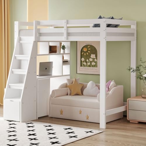 Biqzuya Hochbett für Kinder, Treppe, 90 x 200 cm, mit Aufbewahrungstreppe und Schubladen, Hochbett für 1 Platz mit Arbeitstisch mit Regalen, Kinderbett mit Stauraum, Rahmen aus Massivholz, Weiß Biqzuya Hochbett für Kinder, Treppe, 90 x 200 cm, mit Aufbewahrungstreppe und Schubladen, Hochbett für 1 Platz mit Arbeitstisch mit Regalen, Kinderbett mit Stauraum, Rahmen aus Massivholz, Weiß von Biqzuya