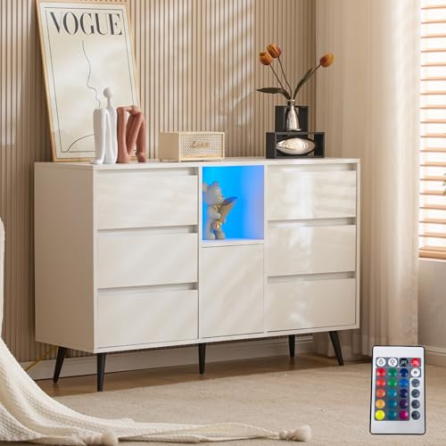 Biqzuya Moderne Anrichte, Weiß mit LED-Beleuchtung – 6 Schubladen leise – Türen Push-Open – Hochglanz-Finish – Füße aus Metall schwarz matt – 120 x 40 x 80 cm – ideal für Küche, Esszimmer & Wohnzimmer von Biqzuya