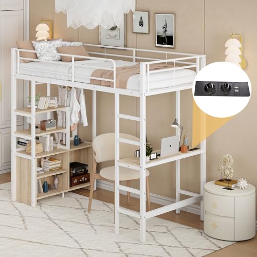 Biqzuya Multifunktions-Hochbett, 90 x 200 cm, mit integriertem Schreibtisch, USB-/elektrischen Anschlüssen, Regalen, Korpusschutz, Leiter & weißem Metallrahmen - ohne Matratze von Biqzuya