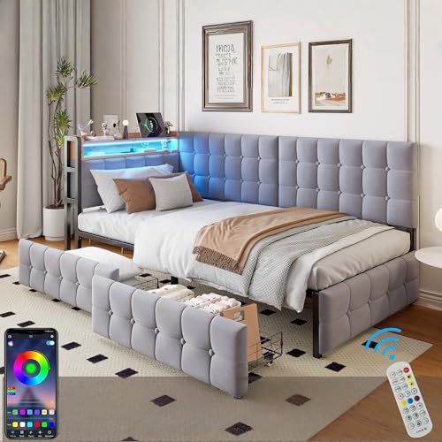 Biqzuya Schlafsofa 90 x 200 cm mit Aufbewahrungsschubladen, LED-Nachttischlampe und USB-/USB-C-Anschlüssen, multifunktional für Kinder | 1-Sitzer-Sofa grau (ohne Matratze) von Biqzuya