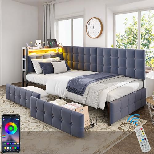 Biqzuya Schlafsofa ausziehbar, 90 x 200 cm mit Aufbewahrungsschubladen, LED-Nachttischlampe und USB-/USB-C-Anschlüssen | Multifunktional für Kinder | Schlafsofa 1-Sitzer, dunkelgrau (ohne Matratze) von Biqzuya