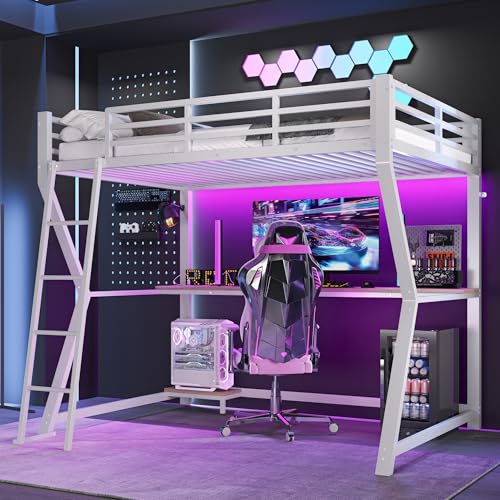Hochbett für Kinder, 90 x 200 cm mit Schreibtisch und LED-Beleuchtung, Etagenbett für Kinder mit Steckdose und USB-Ladeanschluss, Hochbettgestell mit Schreibtisch, ohne Matratze (weiß) von Biqzuya