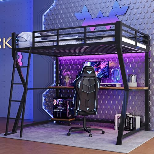 Hochbett für Kinder, 90 x 200 cm mit Schreibtisch und LED-Beleuchtung, Etagenbett für Kinder mit Steckdose und USB-Ladeanschluss, Hochbettgestell mit Schreibtisch, ohne Matratze Hochbett für Kinder, 90 x 200 cm mit Schreibtisch und LED-Beleuchtung, Etagenbett für Kinder mit Steckdose und USB-Ladeanschluss, Hochbettgestell mit Schreibtisch, ohne Matratze von Biqzuya