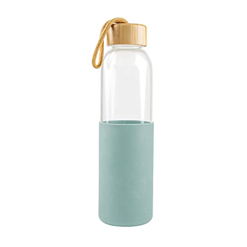 Birambeau Glasflasche – 550 ml – Wasserflasche aus Glas – wiederverwendbare Trinkflasche – Schutzhülle aus Silikon in Grün – Deckel aus Bambus – Seil, Grün von Birambeau