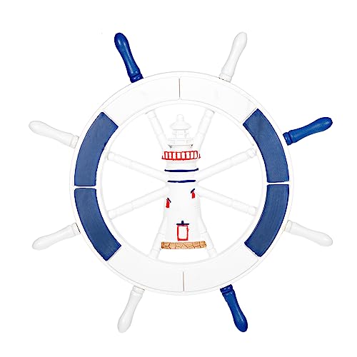 Birendy Holzdeko Steuerrad in Blau Weiß mit maritimen Applikationen Durchmesser 43cm Perfekte Maritime Dekoration (14-Weiß-Blau-Leuchtturm) von Birendy