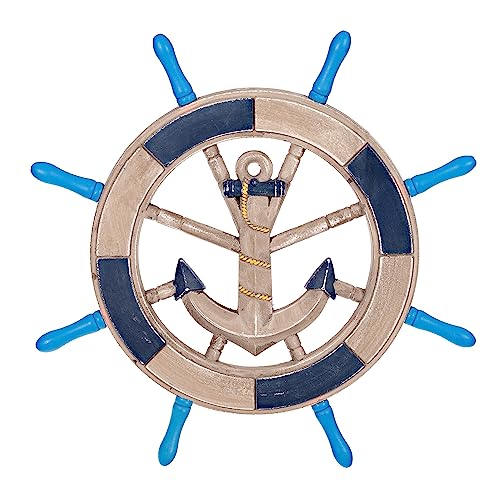 Birendy Holzdeko Steuerrad in Blau Weiß mit maritimen Applikationen Durchmesser 43cm Perfekte maritime Dekoration (17-Holzoptik-Blau-Anker) von Birendy