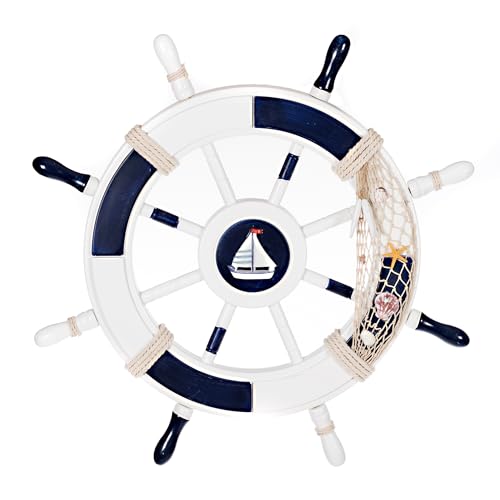 Birendy Holzdeko Steuerrad in Blau Weiß mit maritimen Applikationen Durchmesser 62cm Perfekte maritime Dekoration (9-Weiß-Blau-62cm) von Birendy