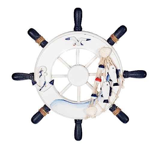 Birendy Holzdeko Steuerrad in Blau Weiß mit maritimen Keramikapplikationen Durchmesser 23cm Perfekte maritime Dekoration (1-Weiß) von Birendy