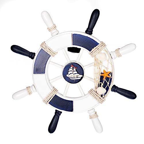 Birendy Holzdeko Steuerrad in Blau Weiß mit maritimen Keramikapplikationen Durchmesser 33cm Perfekte Maritime Dekoration (3-Schiff-Seestern) von Birendy