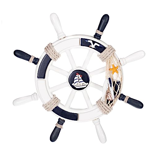 Birendy Holzdeko Steuerrad in Blau Weiß mit maritimen Keramikapplikationen Durchmesser 33cm Perfekte maritime Dekoration (5-Schiff-Möwe) von Birendy