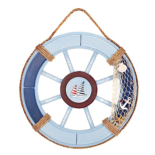 Birendy Holzdeko Steuerrad in Blau Weiß mit maritimen Keramikapplikationen Durchmesser 45cm Perfekte maritime Dekoration (12-Hellblau-Schiff-Grifflos) von Birendy
